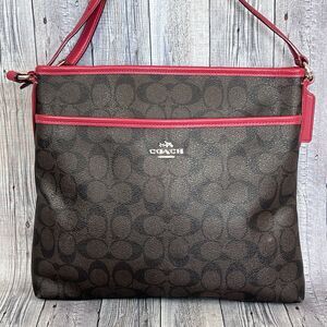 Coach Signature Zip File Crossbody Bag Brown/ True Red Purse Adjustable